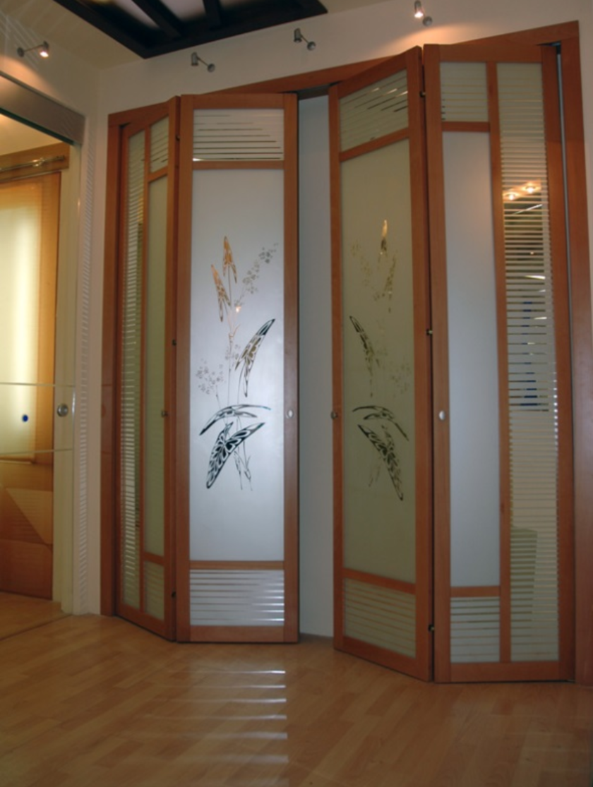 Широкие двери гармошка с матовым стеклом и рисунком Ставрополь